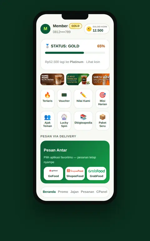 Tampilan aplikasi member D'BigTea — Beranda