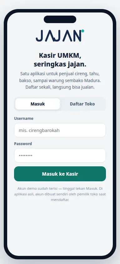 Tampilan demo aplikasi POS Jajan
