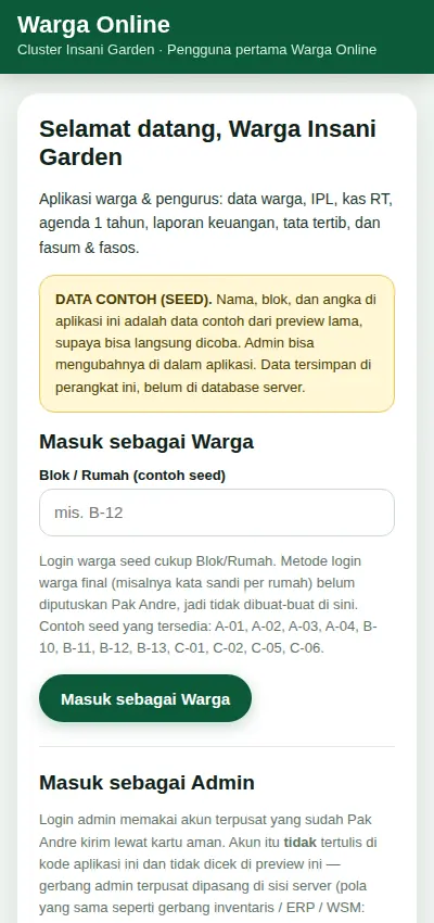 Tampilan aplikasi Warga Online