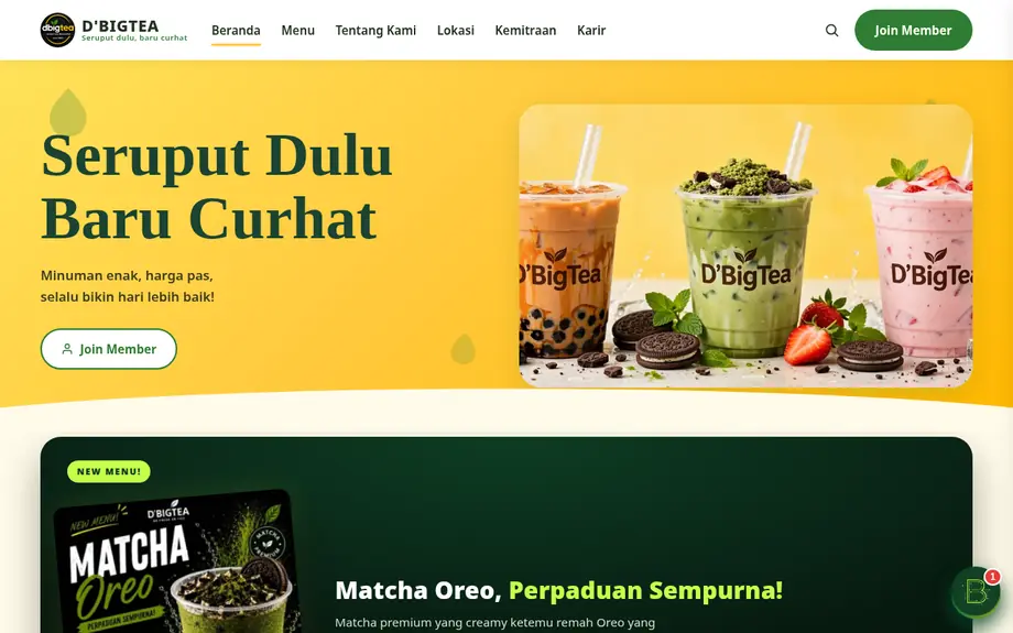 Contoh website bisnis yang dibuat — website D'BigTea